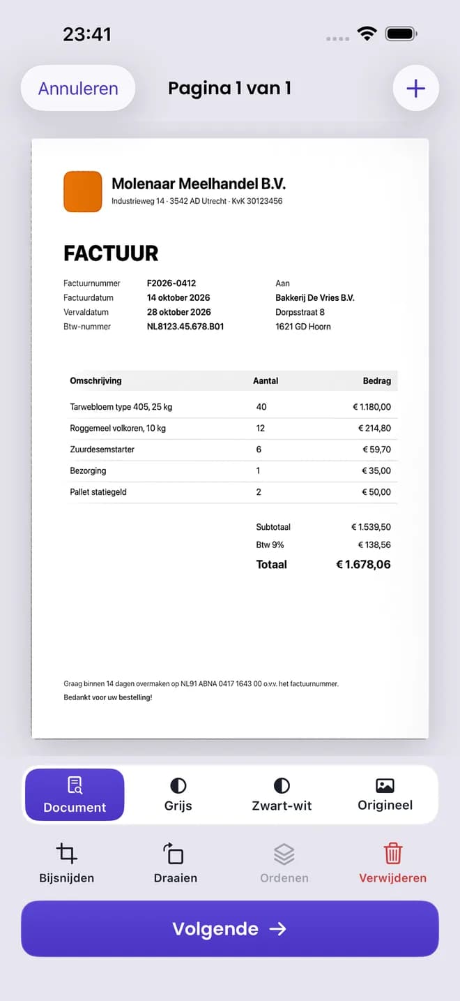 Gescande factuur, recht gezet en scherp, met filters